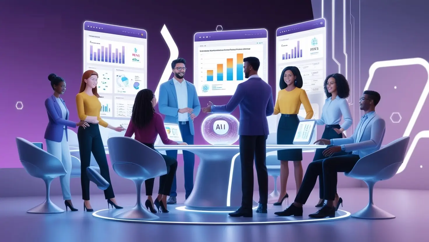 Illustration of a diverse professional team collaborating around a table with holographic screens displaying data and analytics, symbolizing the range of innovative IT services offered by Xthe Solutions.